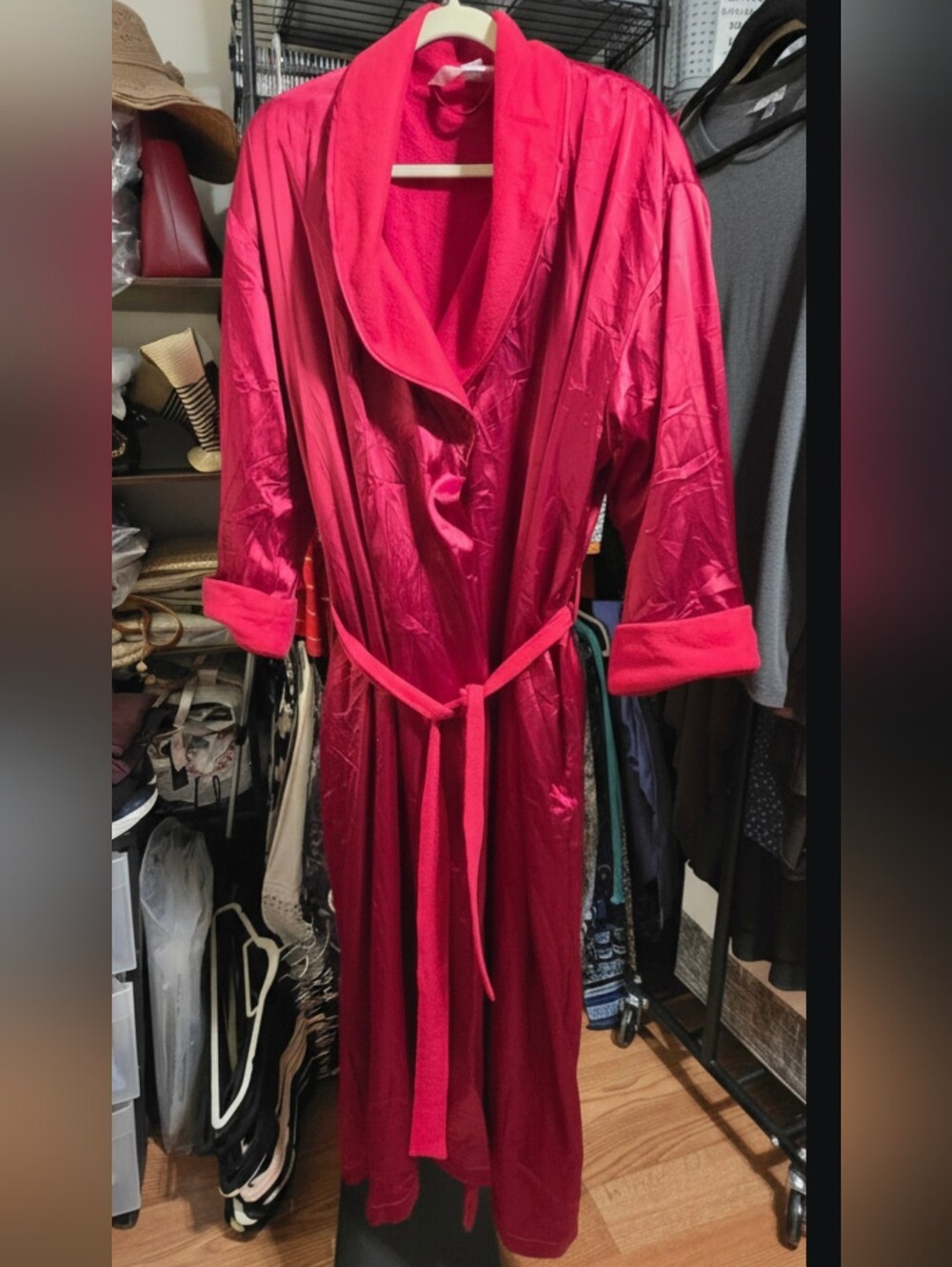 Victoria's Secret Red Satin Shawl-Collar Robe with Belt, Flannel Lined, Pockets